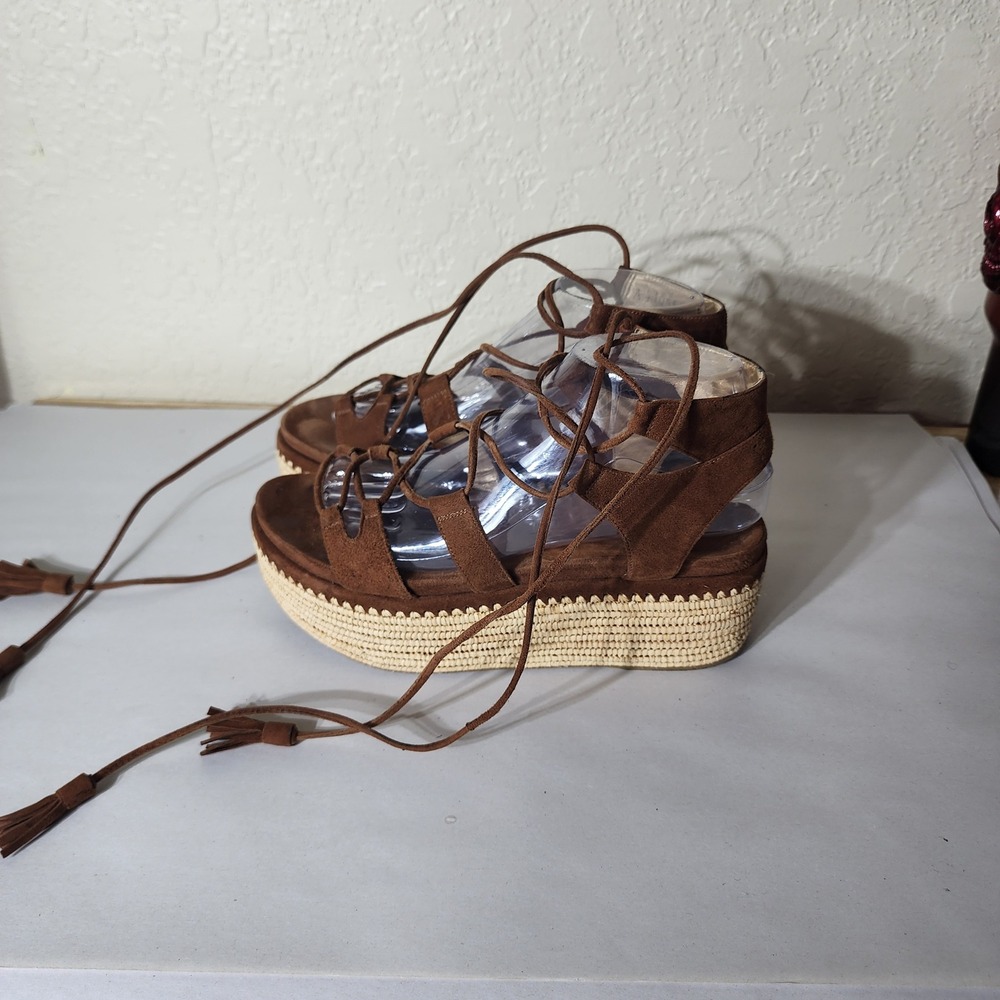 Stuart Weitzman Brown Suede Lace Up Espadrille Platform Sandals Tassel  8M